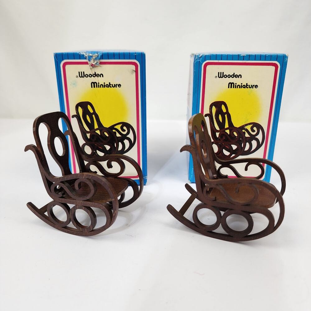 2 Miniature Wooden Walnut Doll House Victorian Rocking Chairs